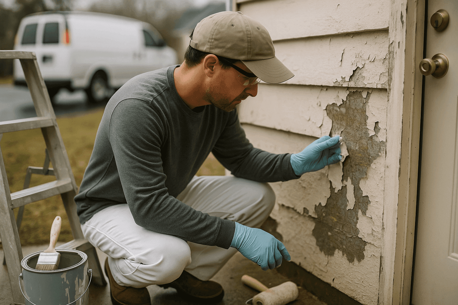 Homeowner examining peeling exterior paint after storm damage