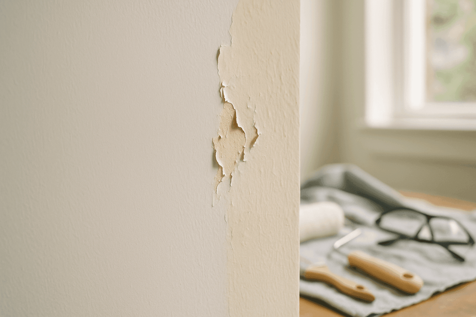 Close-up of a wall with freshly repaired and smooth paint finish