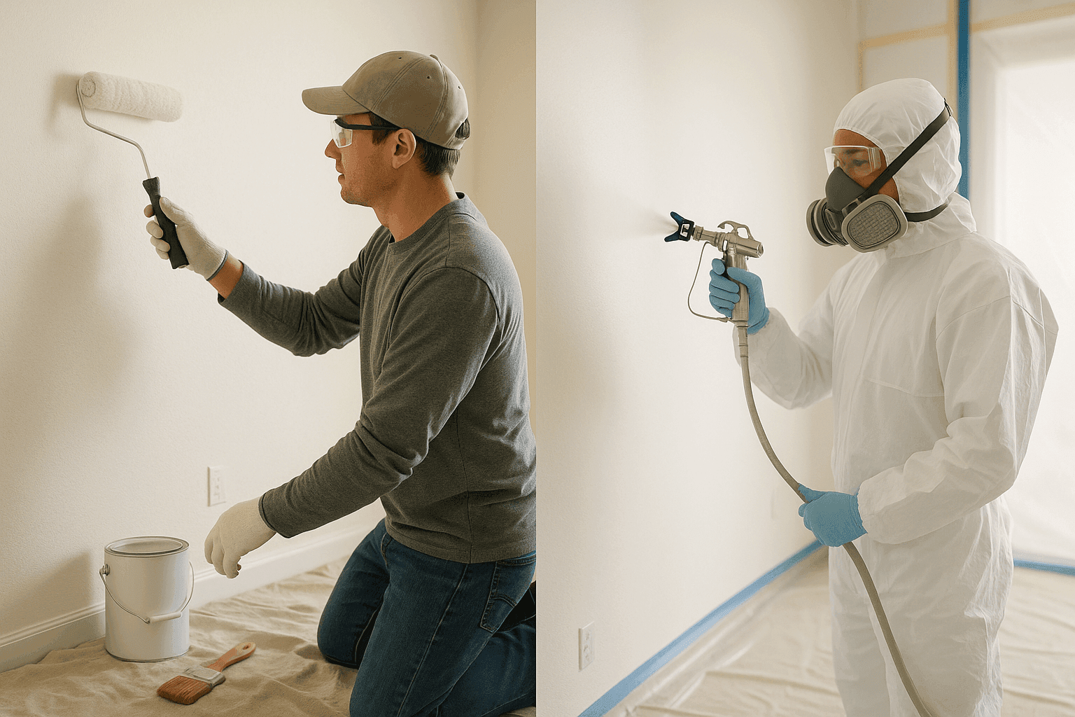 Side-by-side comparison of DIY painter and professional at work
