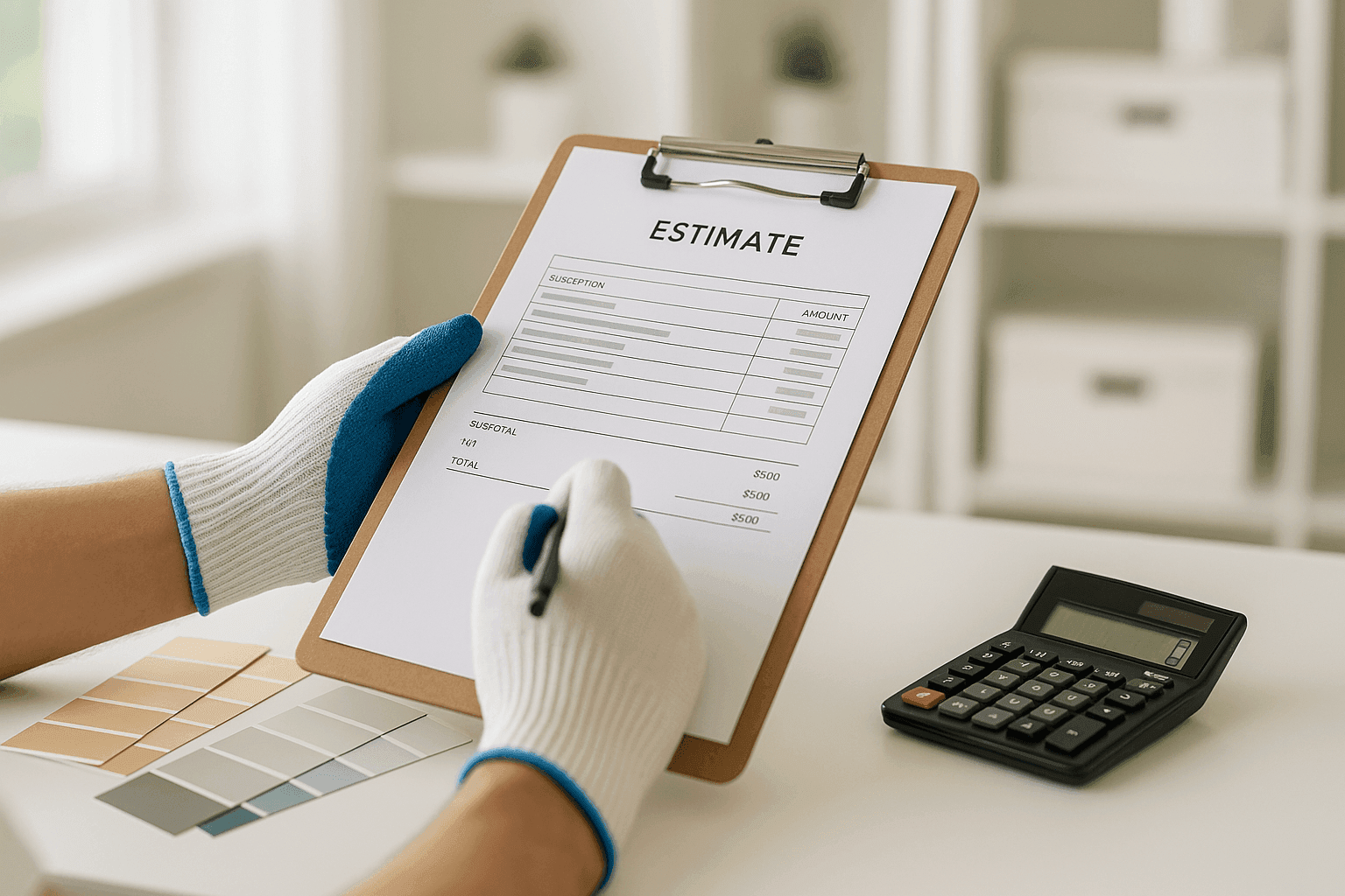 Painter preparing estimate with paint samples and calculator on table